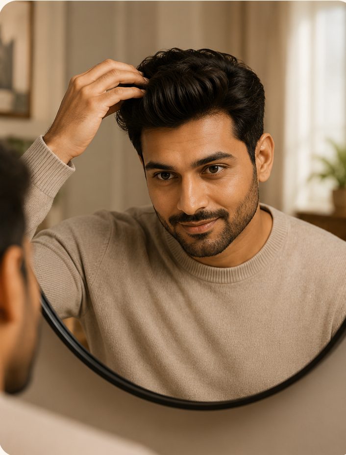 Man checking his natural hairline in the mirror